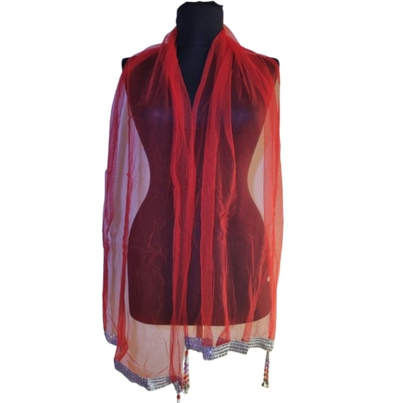 Piros tüllkendő gyöngydíszítéssel